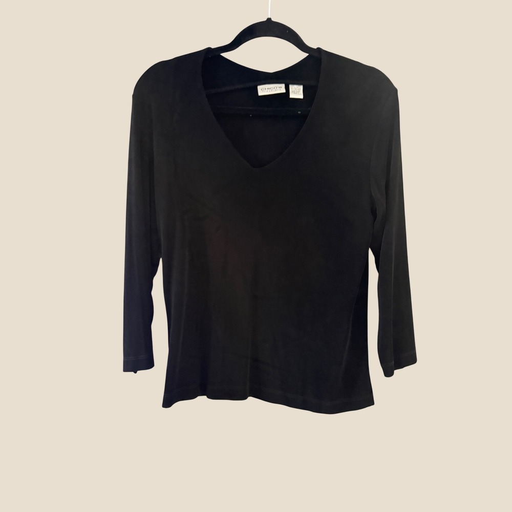 Chicos Travelers Black V-Neck 3/4 Sleeve Top Size‎ 1 Medium Acetate Blend USA